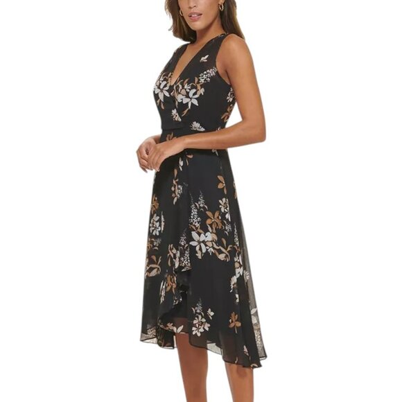 Calvin Klein Dresses & Skirts - Calvin Klein  Black Floral High-Low Faux Wrap Dress Size 8